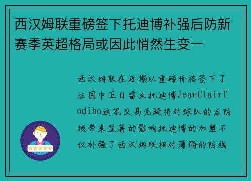 西汉姆联重磅签下托迪博补强后防新赛季英超格局或因此悄然生变一